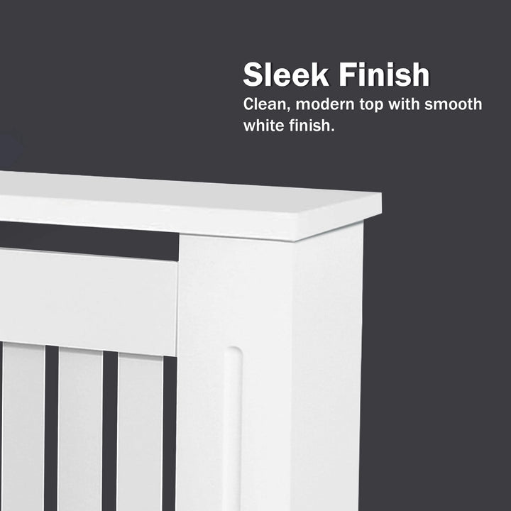 [White] Detail of extra large Chelsea radiator cover top board in white above the vertical slat grille