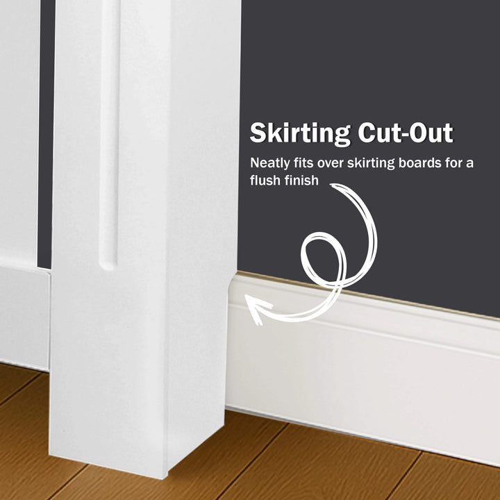 [White] Extra large white Chelsea radiator cover leg with skirting notch fitting flush against wall
