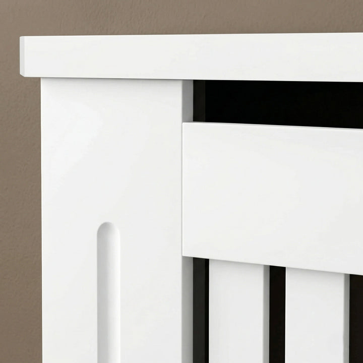 [Large] Chelsea White Radiator Cover  upper corner detail showing top panel overhang, heat gap slot, shaker-style side panel, and vertical slat front