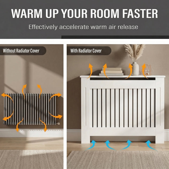 [Medium] Chelsea White Radiator Cover  airflow diagram comparing bare radiator to covered unit with warm air arrows rising through vertical slats