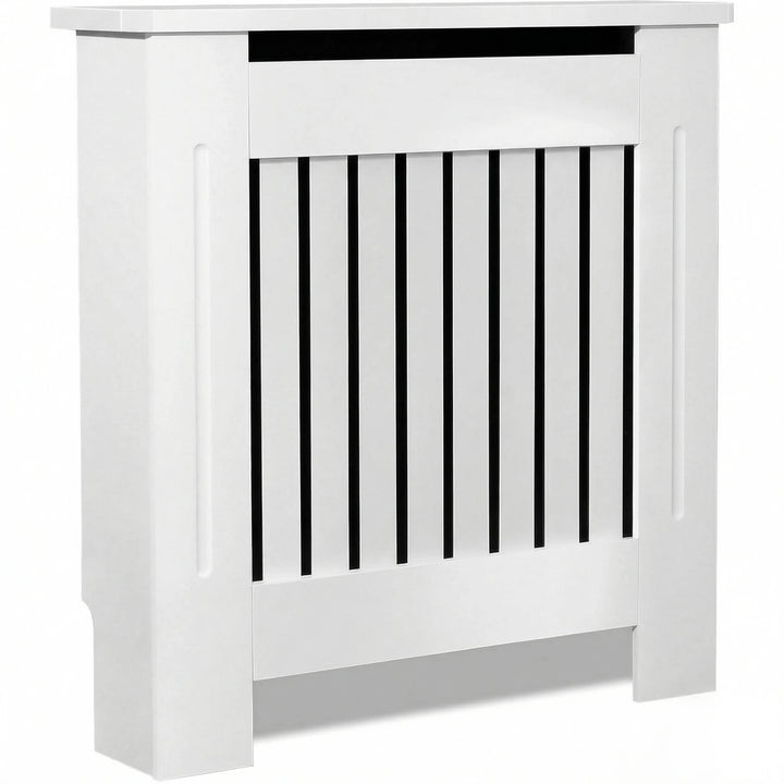 [Small] [White] Chelsea White Radiator Cover angled three-quarter product shot on white background showing vertical slat panel and shaker-style side panels