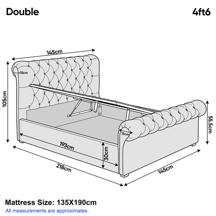 [Double | Beige] Chesterfield ottoman bed 145cm W x 218cm D x 105cm H, 30cm storage, 55.5cm footboard