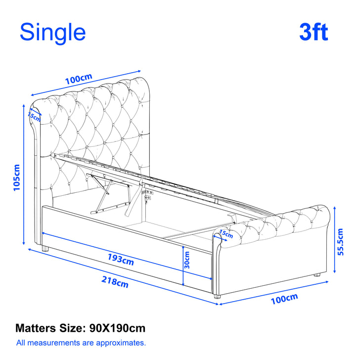 [Single | Beige] Dimension diagram showing 3ft ottoman bed measuring 100cm wide 218cm long and 105cm headboard height