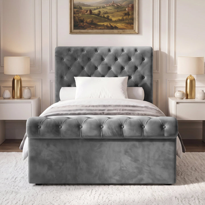 [Small Double | Dark Grey] Styled room view with tufted headboard, scroll footboard, curtain and framed landscape art