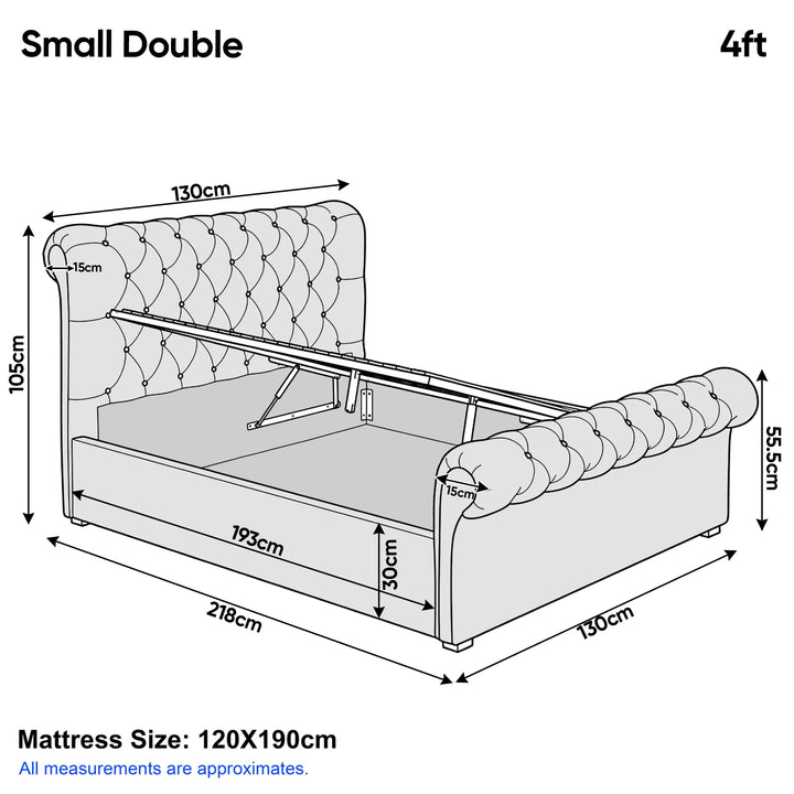 [Small Double | Dark Grey] Dimension diagram showing 130 cm width 218 cm length 105 cm height and 30 cm storage depth