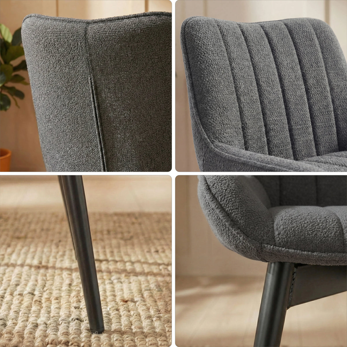 [6 Seater | Grey] Detail grid of Xylon grey dining chair fabric weave and black tapered leg