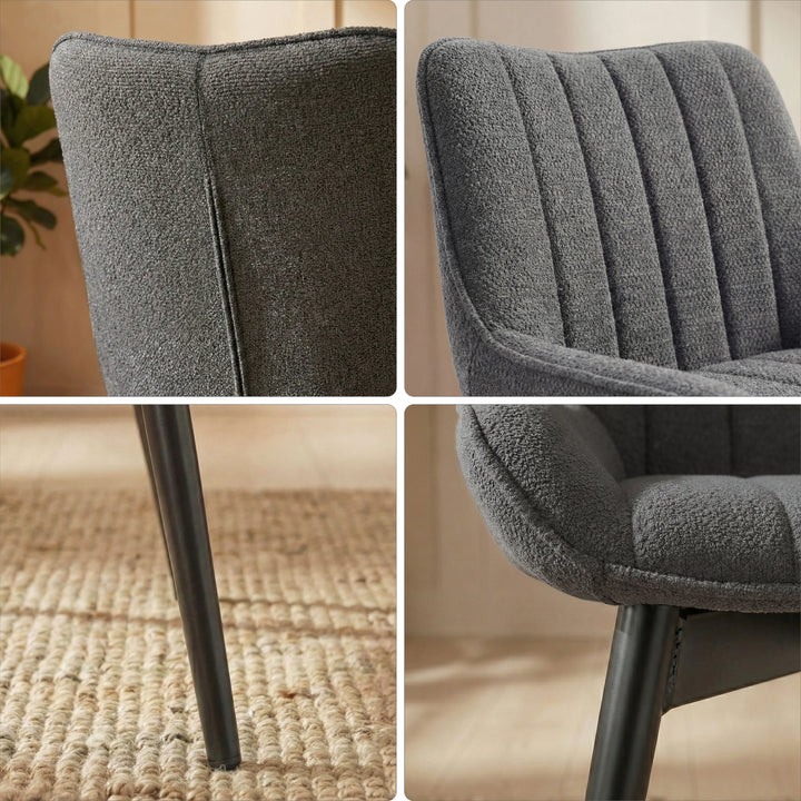 [6 Seater | Grey] Detail grid of Xylon grey dining chair fabric weave and black tapered leg