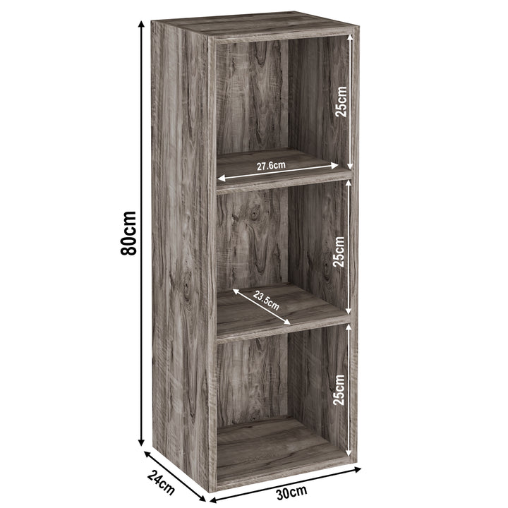 [3 Shelf | Coach Wood] coach-wood-grain 3-cubby sizes: 30 x 24 x 80 cm; sits by cream limewash wall
