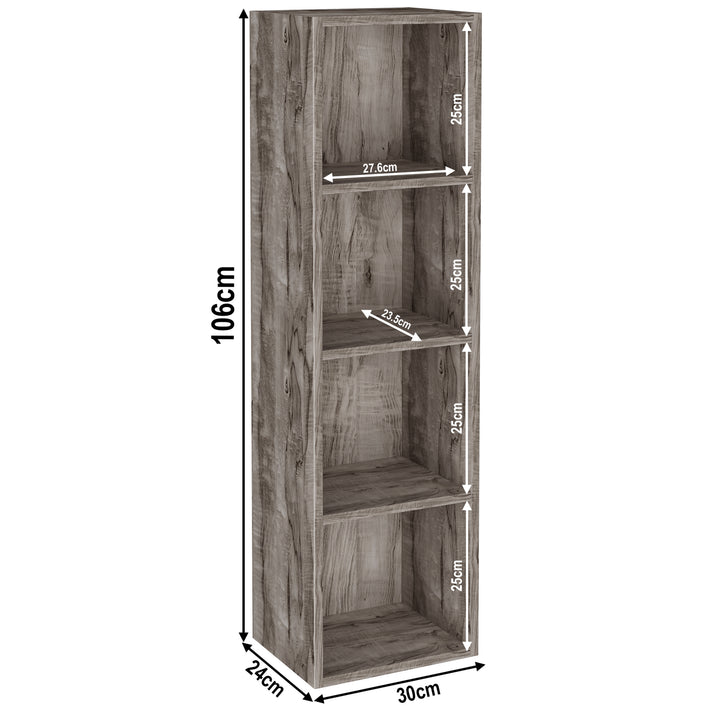 [4 Shelf | Coach Wood] coach-wood-grain 4-cubby sizes: 30 x 24 x 106 cm; sits by cream limewash wall