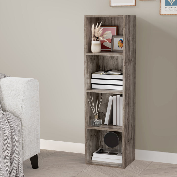 [4 Shelf | Coach Wood] living alcove setup with coach-wood panel hallway-tall bookcase over oak board floor