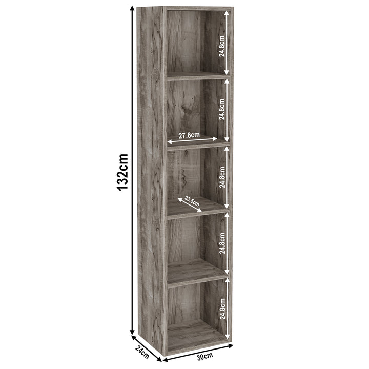 [5 Shelf | Coach Wood] coach-wood-grain 5-cubby sizes: 30 x 24 x 132 cm; sits by cream limewash wall