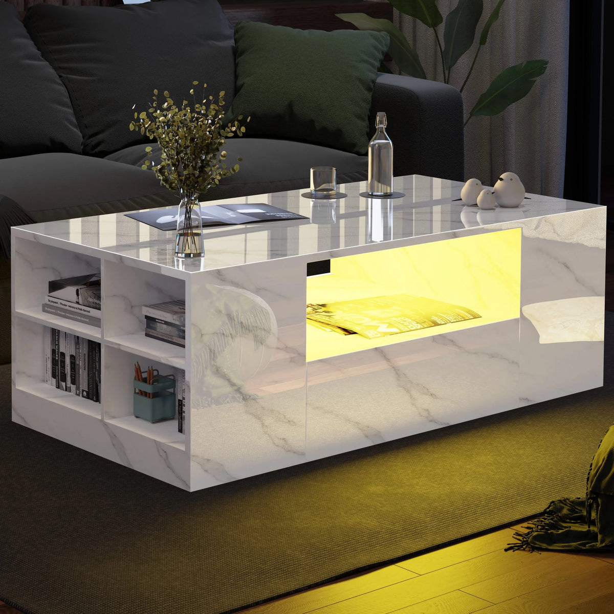 [White Marble] White Marble Coffee Table with LED Lights showing yellow LED mode in centre cavity