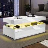 [White] Night view of white storage coffee table, warm yellow shelf glow lighting headphones, gift box and speaker