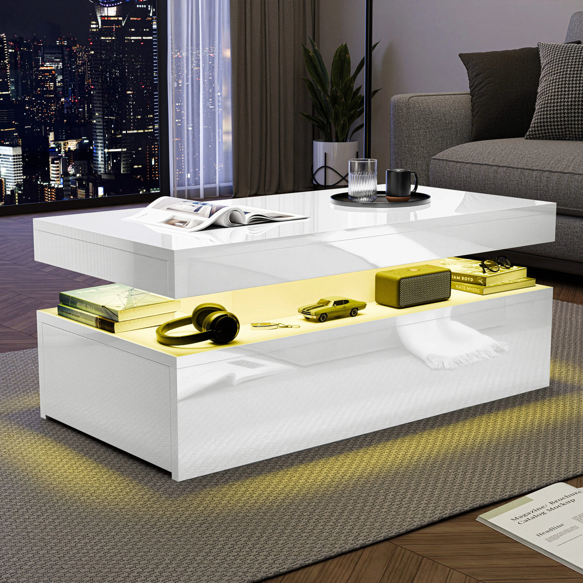 [White] Night view of white storage coffee table, warm yellow shelf glow lighting headphones, gift box and speaker
