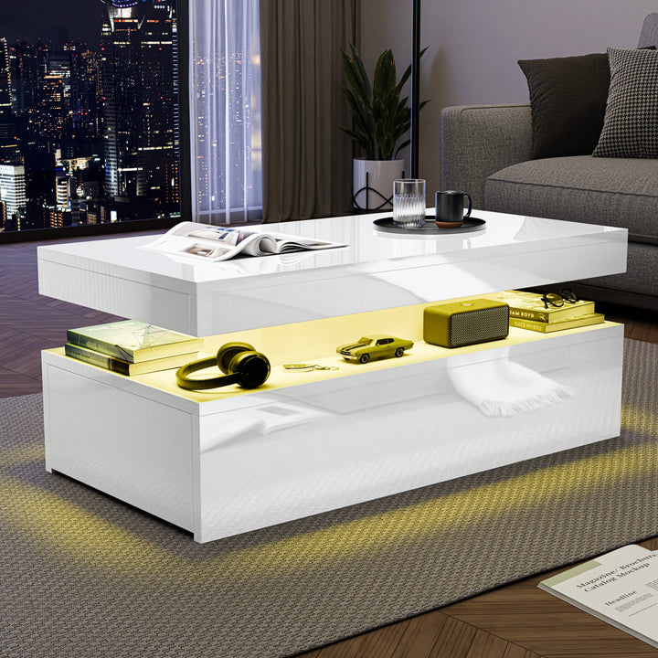 [White] Night view of white storage coffee table, warm yellow shelf glow lighting headphones, gift box and speaker