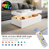 [White] Promotional image with white gloss coffee table, rainbow strip top-left and remote control bottom-right
