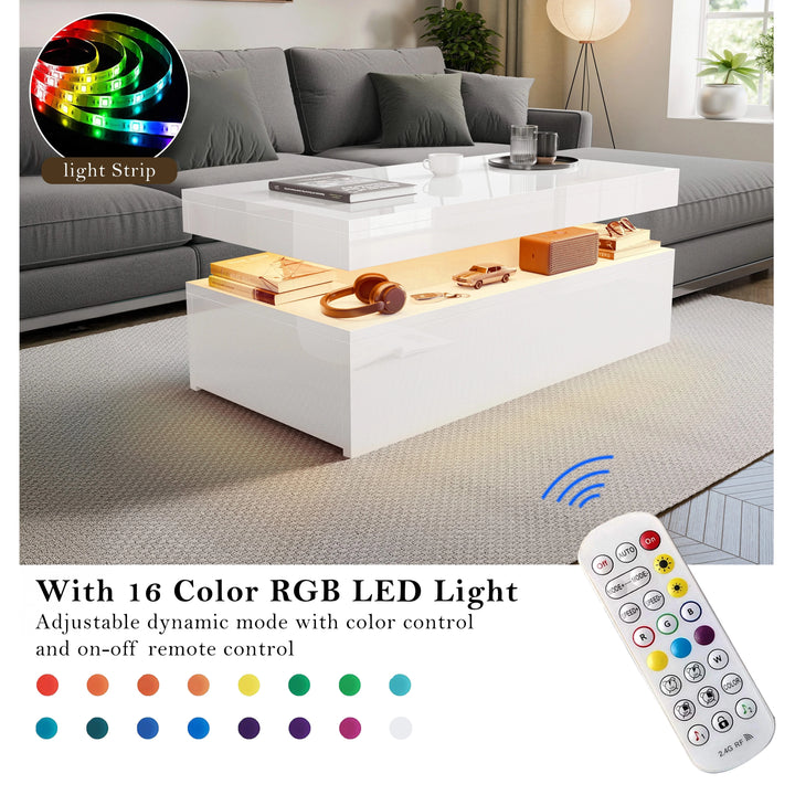 [White] Promotional image with white gloss coffee table, rainbow strip top-left and remote control bottom-right