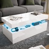 [White] high gloss storage coffee table in front of grey sofa, blue LED mid shelf holds headphones and toy car