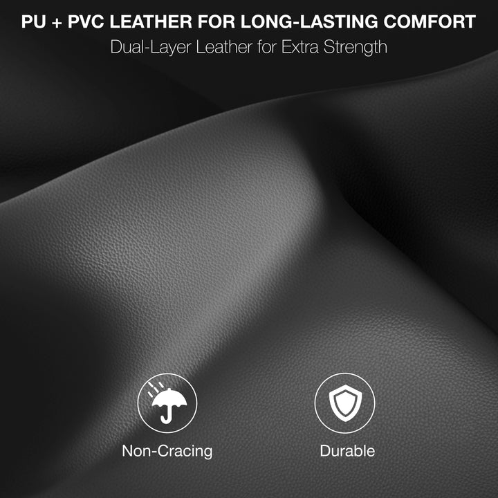 [Dark Grey + Light Grey] Close-up of PU + PVC leather with text and icons indicating long-lasting comfort and durability.