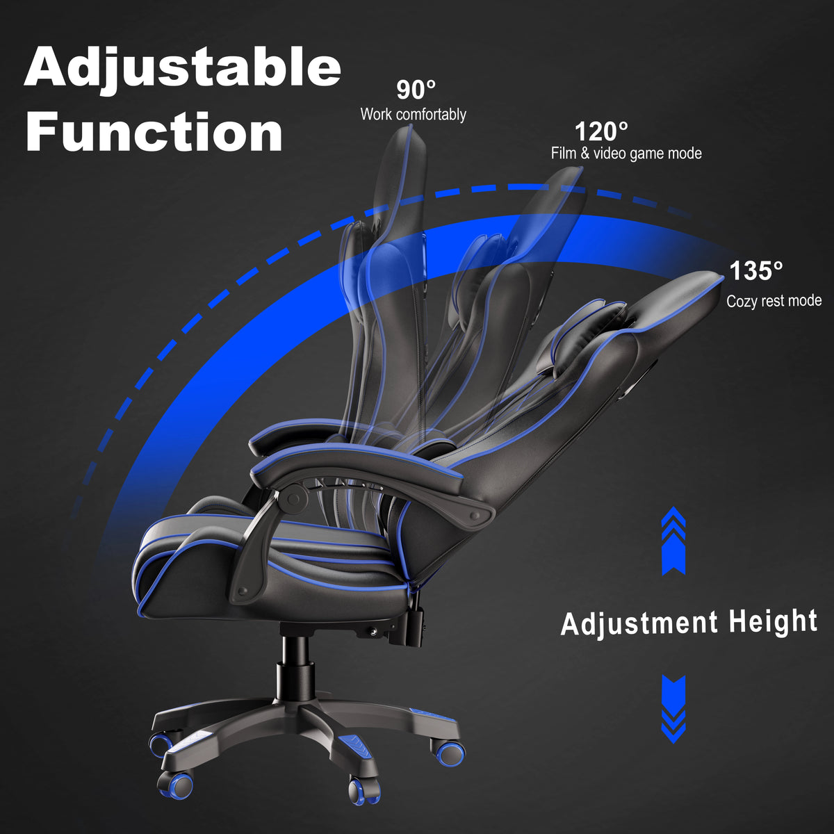 [Black + Blue] Reclining gaming chair with lumbar support and padded armrest in black and blue, showcasing adjustable reclining angles from 90° to 135° and height adjustment. Ideal for work, gaming, and rest modes in home or office setups.