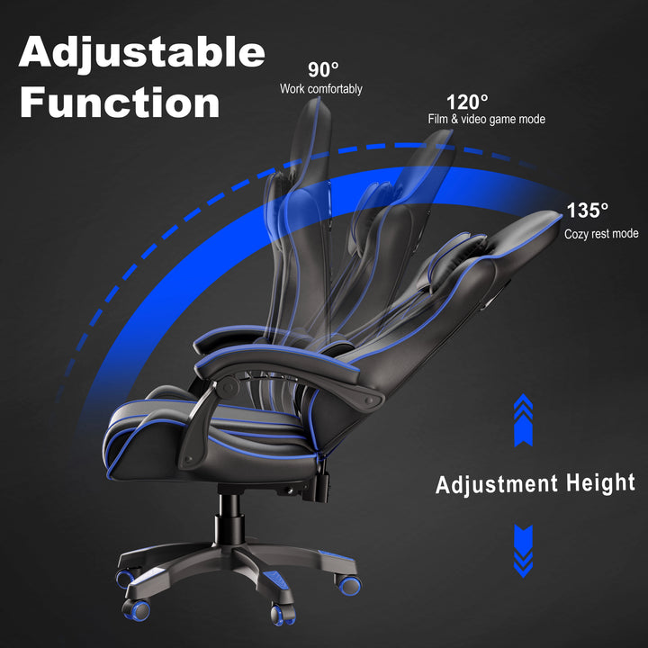 [Black + Blue] Reclining gaming chair with lumbar support and padded armrest in black and blue, showcasing adjustable reclining angles from 90° to 135° and height adjustment. Ideal for work, gaming, and rest modes in home or office setups.