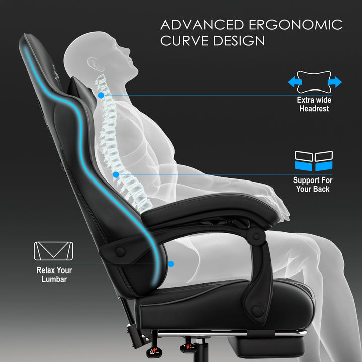 [Black + Grey] Xstriker Gaming Chair With Footrest featuring advanced ergonomic curve design, extra wide headrest, lumbar support, and reclining backrest for comfort.