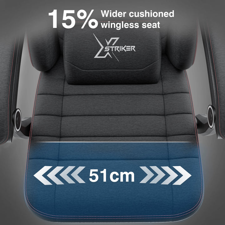 [Black] Gaming chair seat with 'Striker' branding and text indicating a wider cushioned wingless seat and measurement of 51 cm.