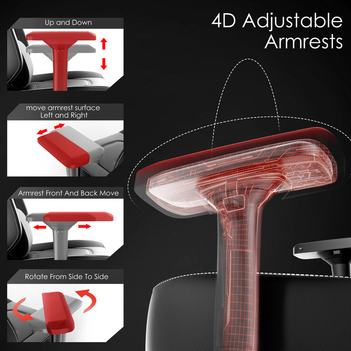 [Black] Xstriker Gaming Chair with 4D adjustable armrests showing up/down, side-to-side, front/back, and rotation features for ergonomic support.