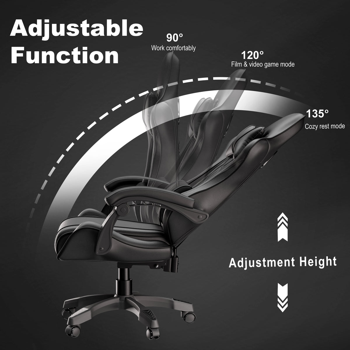 [Black] Ergonomic Gaming Chair With Lumbar Support and Padded Armrest | DHS reclines from 90° to 135° with adjustable height for work, gaming, and rest modes.