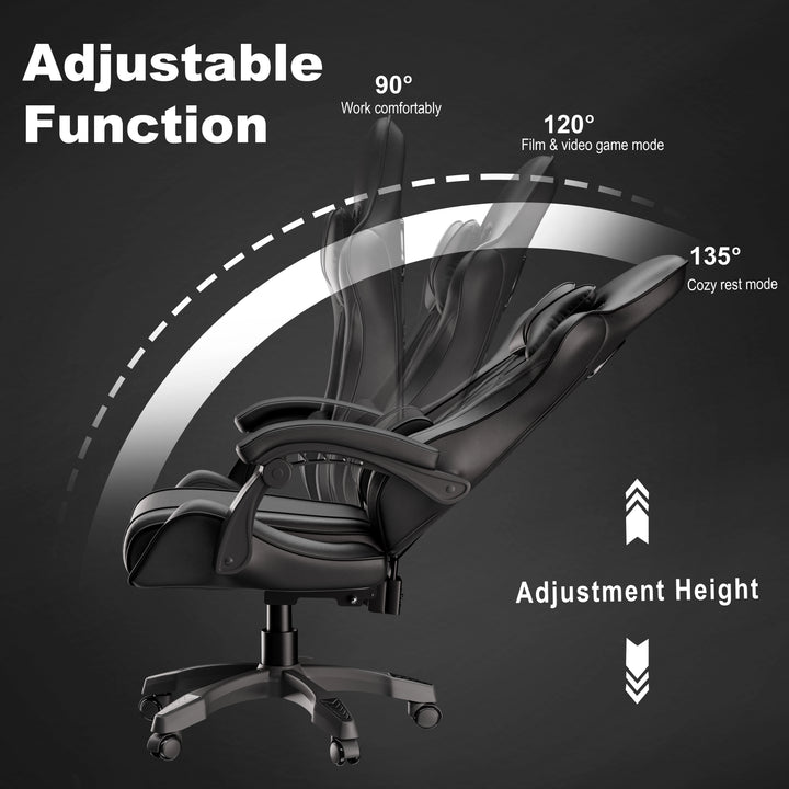 [Black] Ergonomic Gaming Chair With Lumbar Support and Padded Armrest | DHS reclines from 90° to 135° with adjustable height for work, gaming, and rest modes.