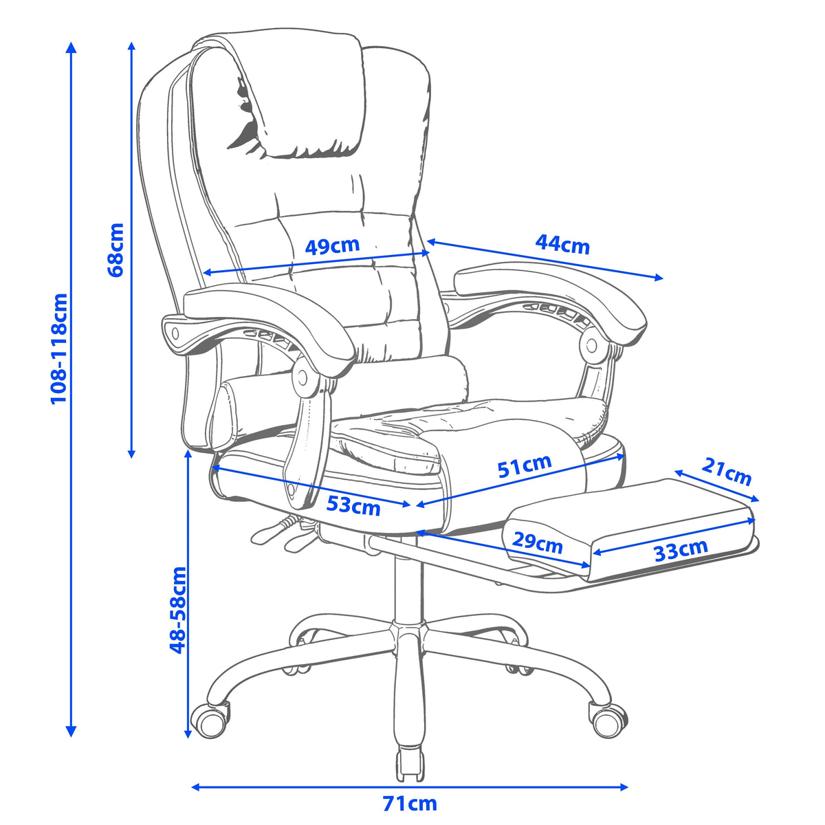 [White Fur Fabric] Computer chair with dimensions labeled on a white background