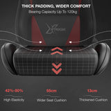 [Black + Red] An infographic-style product detail of text callouts about thick padding, bearing capacity up to 120kg, seat cushion width 55cm, and thickness 13cm.