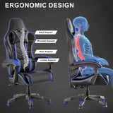 [Black + Blue] Ergonomic pc chair with highlighted support features and a human skeleton illustration on a dark background.