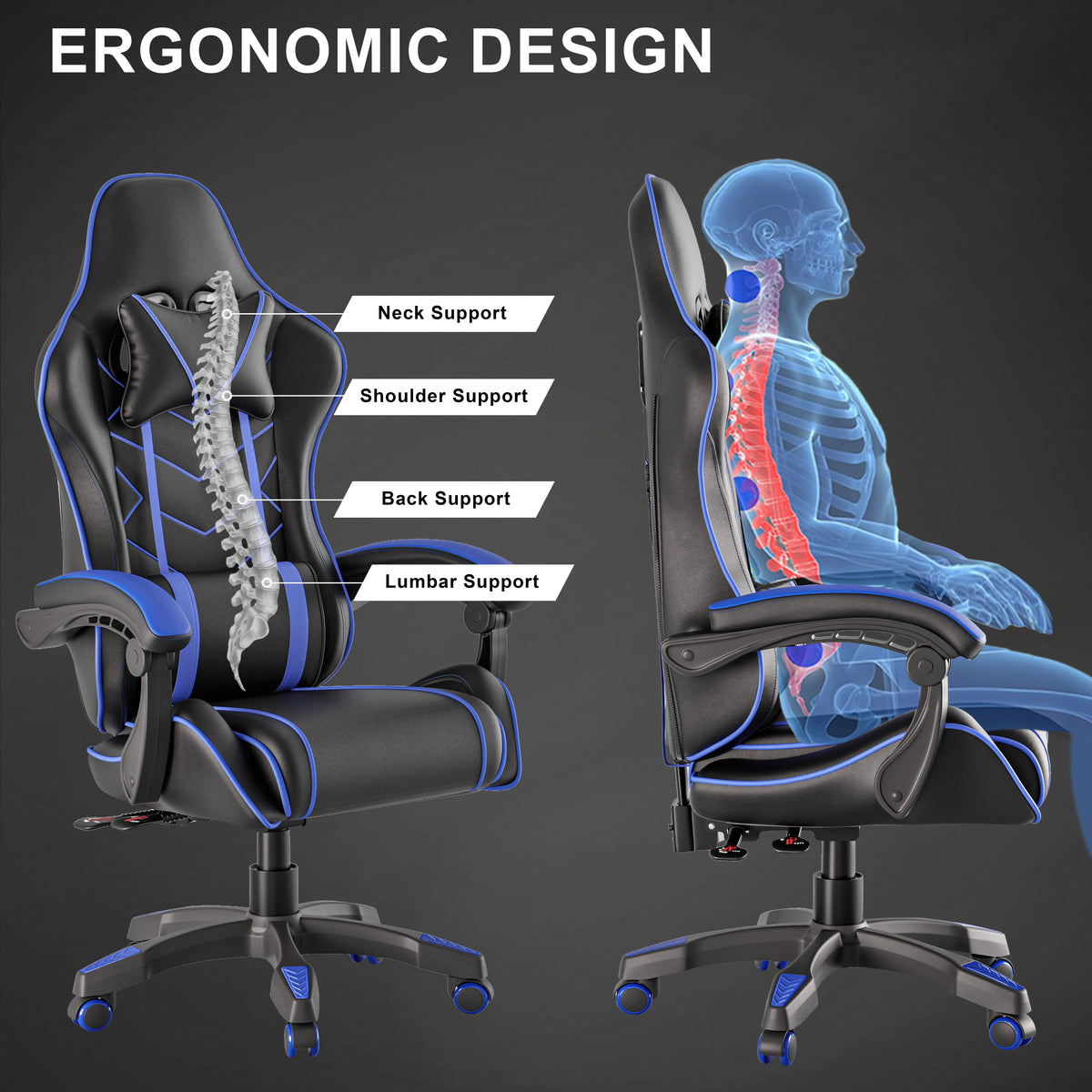 [Black + Blue] Ergonomic pc chair with highlighted support features and a human skeleton illustration on a dark background.