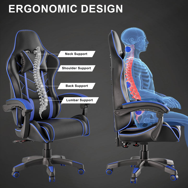 [Black + Blue] Ergonomic pc chair with highlighted support features and a human skeleton illustration on a dark background.