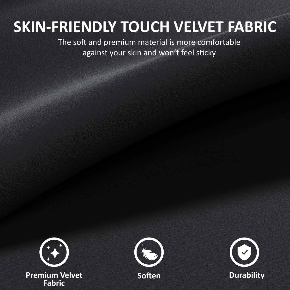 [Black] Black velvet fabric with text about skin-friendly touch and fabric properties.
