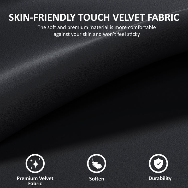 [Black] Black velvet fabric with text about skin-friendly touch and fabric properties.