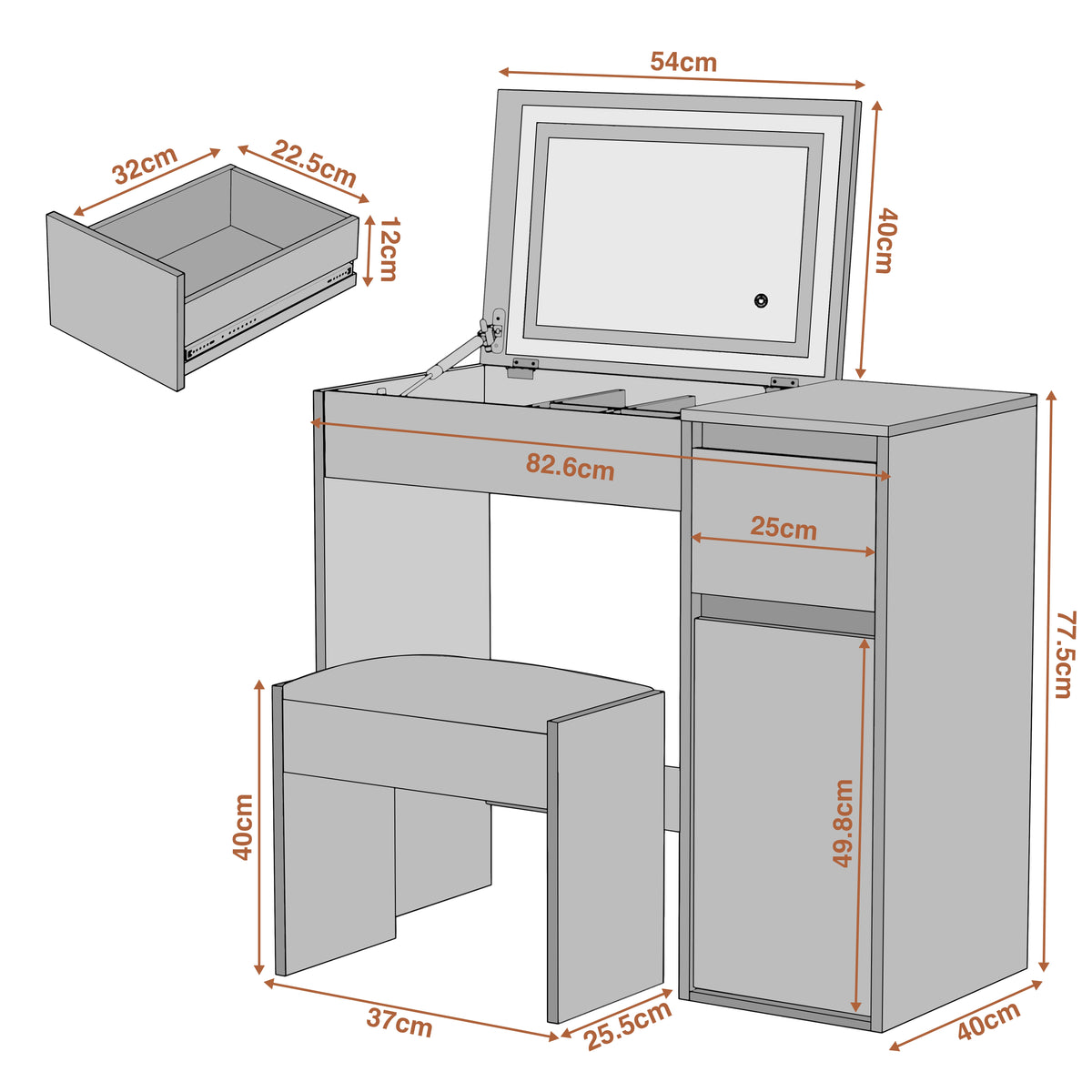 [Dark Grey + Light Grey] grey dressing table dimensions diagram 82.6x40x77.5cm with 37x25.5x40cm stool
