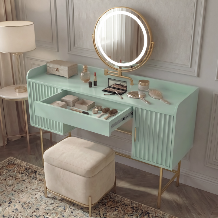 [Sage Green] open-drawer top view of the sage green flutrina makeup desk with side cabinets and a beige stool