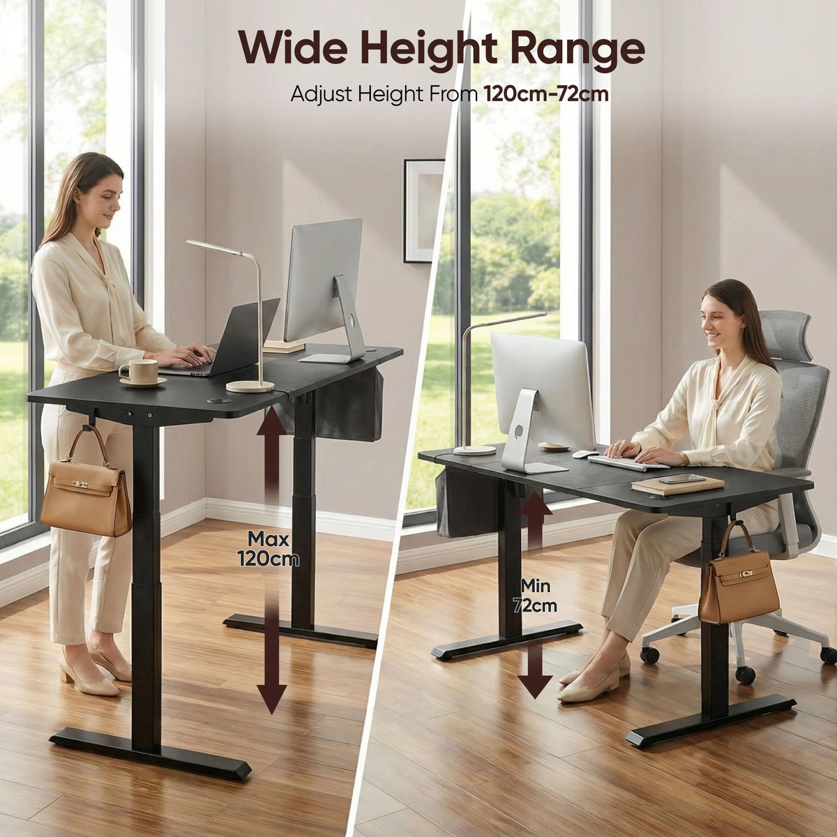 [160cm x 70cm] 160cm black electric desk height range comparison, 72-120cm arrows, woman with laptop in each panel
