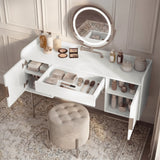 [White] Minimalist white dressing table with a drawer and 4 shelves, showing a circular mirror, storage and beauty essentials