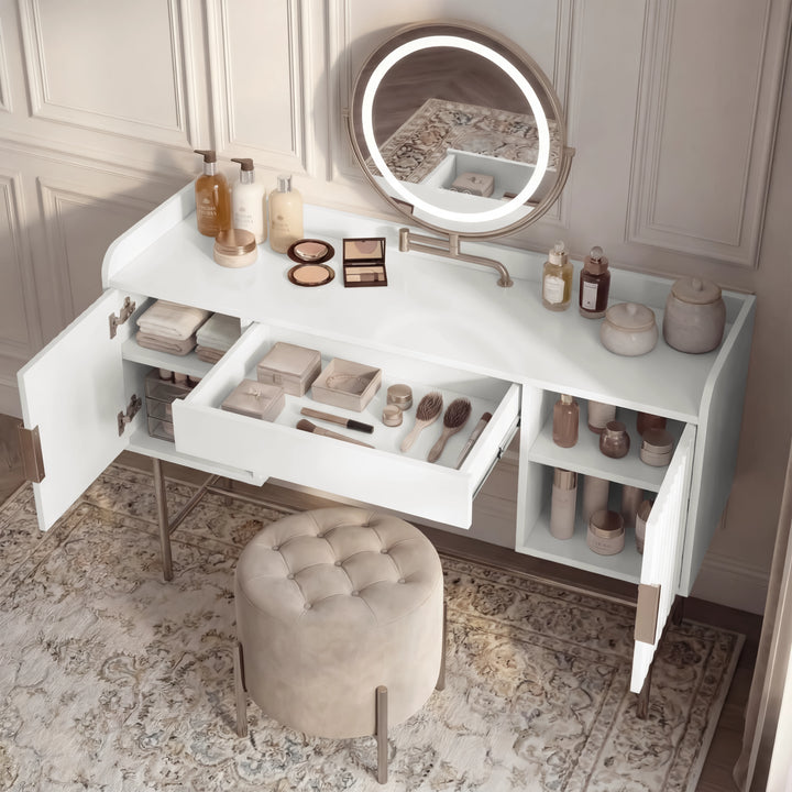 [White] Minimalist white dressing table with a drawer and 4 shelves, showing a circular mirror, storage and beauty essentials