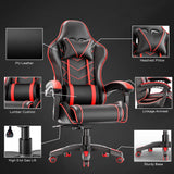 [Black + Red] Ergonomic gaming chair with lumbar support and padded armrest in black and red PU leather, featuring headrest pillow, gas lift, and sturdy base.