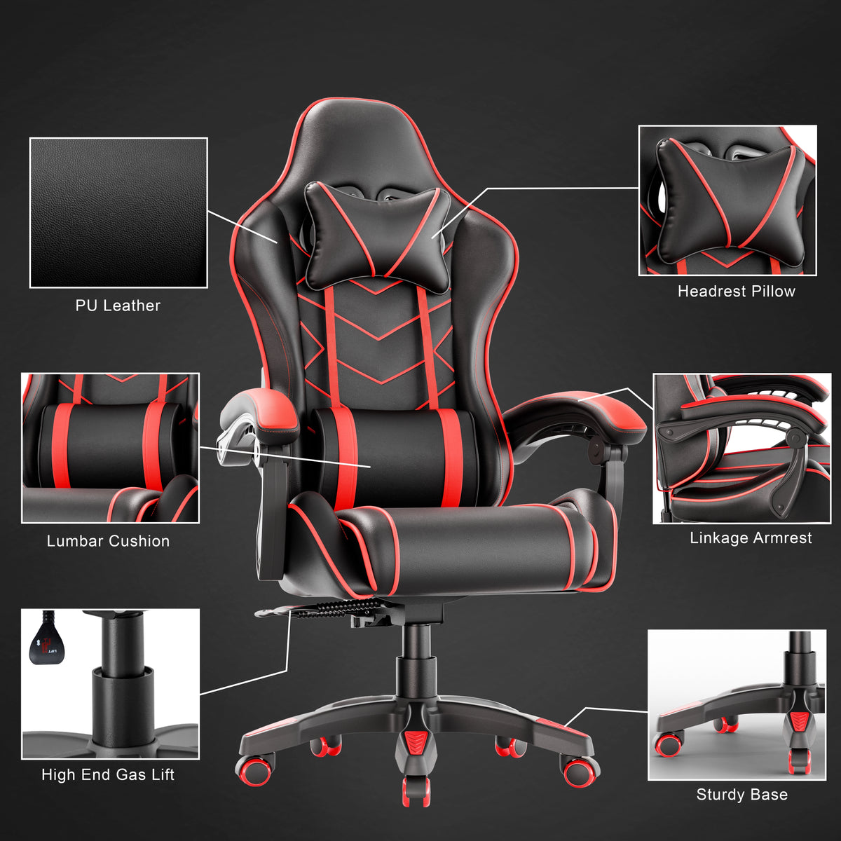 [Black + Red] Ergonomic gaming chair with lumbar support and padded armrest in black and red PU leather, featuring headrest pillow, gas lift, and sturdy base.