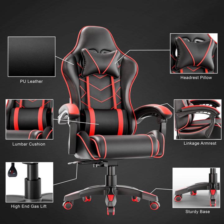 [Black + Red] Ergonomic gaming chair with lumbar support and padded armrest in black and red PU leather, featuring headrest pillow, gas lift, and sturdy base.