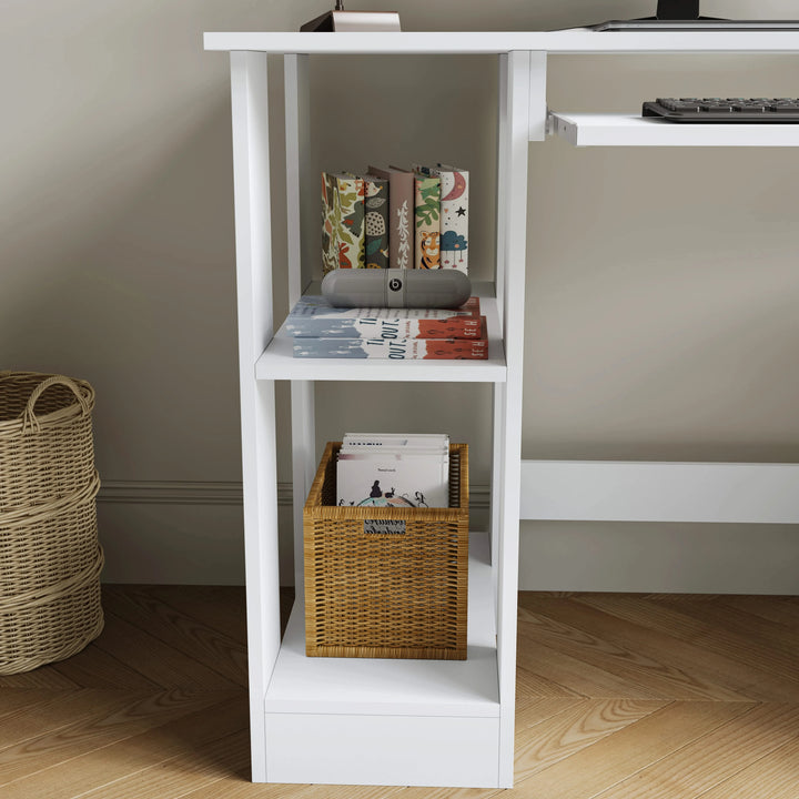 [White] Side cube detail of small computer desk in white with stacked books and rattan basket on base