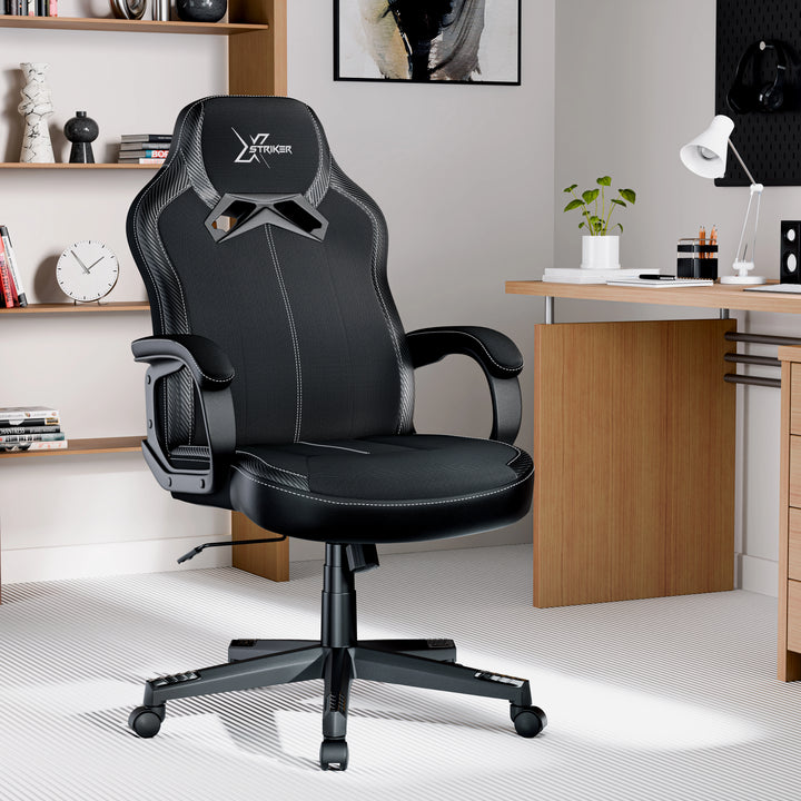 [Black] Xstriker office chair in black fabric with padded arms and adjustable height, ideal for home office or study desk setup in children's room.
