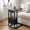 [Concrete] C-shaped side table by sofa with concrete-effect top, socket panel, black pouch and sofa base