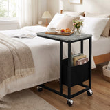 [Concrete] side table beside bed with concrete-effect top, side pouch storage, snacks and rolling caster wheels