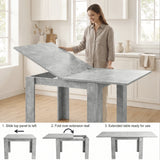 [Concrete] Woman extending the flip-top dining table through three labelled steps from closed to fully extended